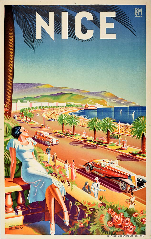 This poster from the 1930s attracted travelers to the French seaside resort of Nice.  It remains a hugely popular holiday destination for casual tourists and celebrities alike