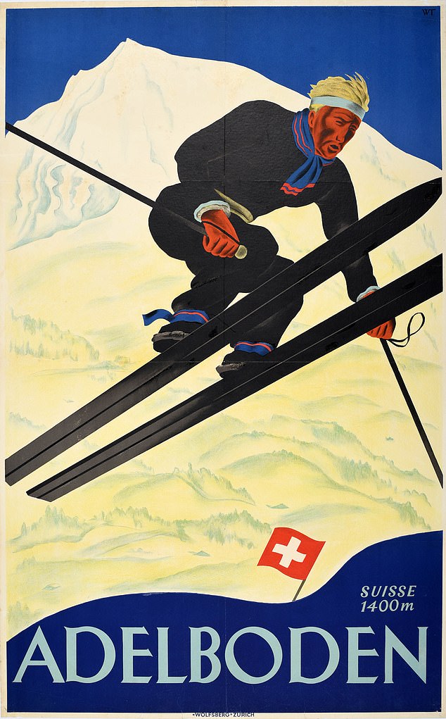 A 1928 poster advertising the joys of skiing above the Swiss village of Adelboden