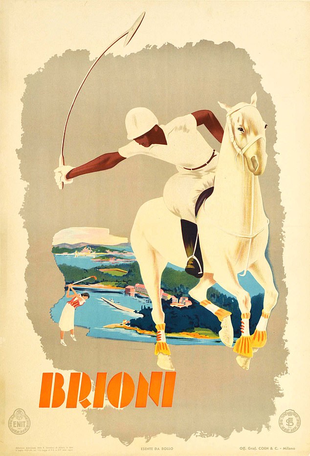 An Italian poster from 1937 with a beautiful image of a polo player mounted on a majestic white horse.  In the background, a woman swings a golf club in a picturesque setting