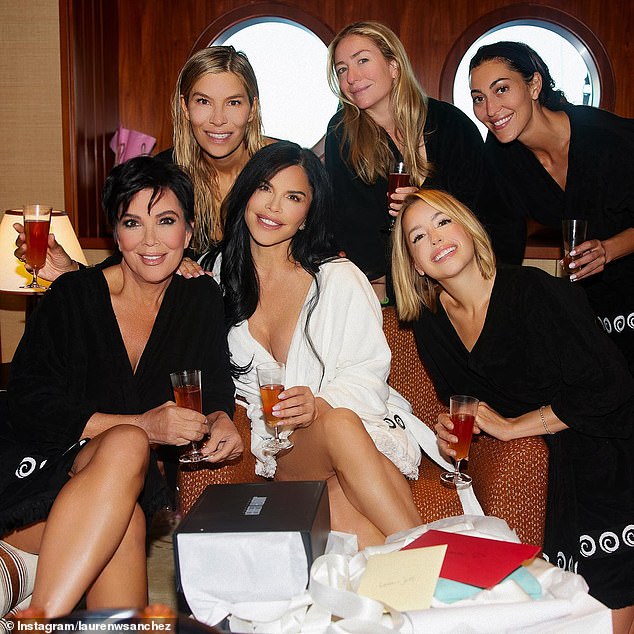 The Bumble founder (photo top row, center) with friends including Kris Jenner (bottom left) and Lauren Sanchez (bottom center), the fiancée of Amazon founder Jeff Bezos