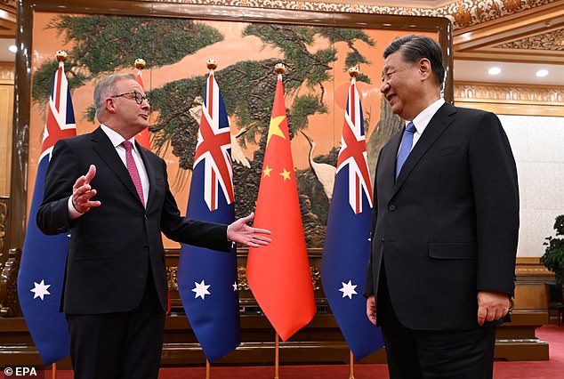 Anthony Albanese (pictured left) appears to be joking with Xi Jinping (right)