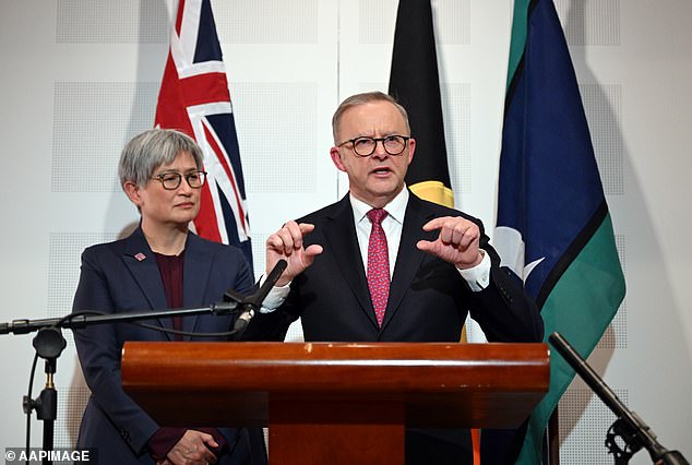 Australian Foreign Minister Penny Wong and Prime Minister Anthony Albanese are pictured at a press conference after meeting with Chinese President Xi Jinping on Monday