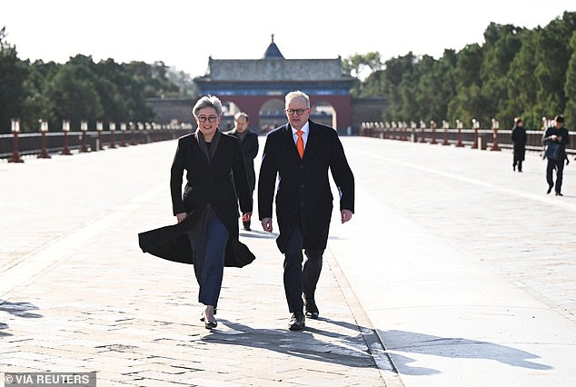 Penny Wong (left) and Anthony Albanese (right) are pictured visiting the Temple of Heaven in Beijing, China, November 6, 2023