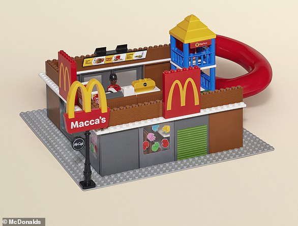 Maccas launches the 56-piece Maccas Makers brick building set, complete with a glow-in-the-dark Golden Arches pylon, figurines, McCafé, playground, counter and drive-thru