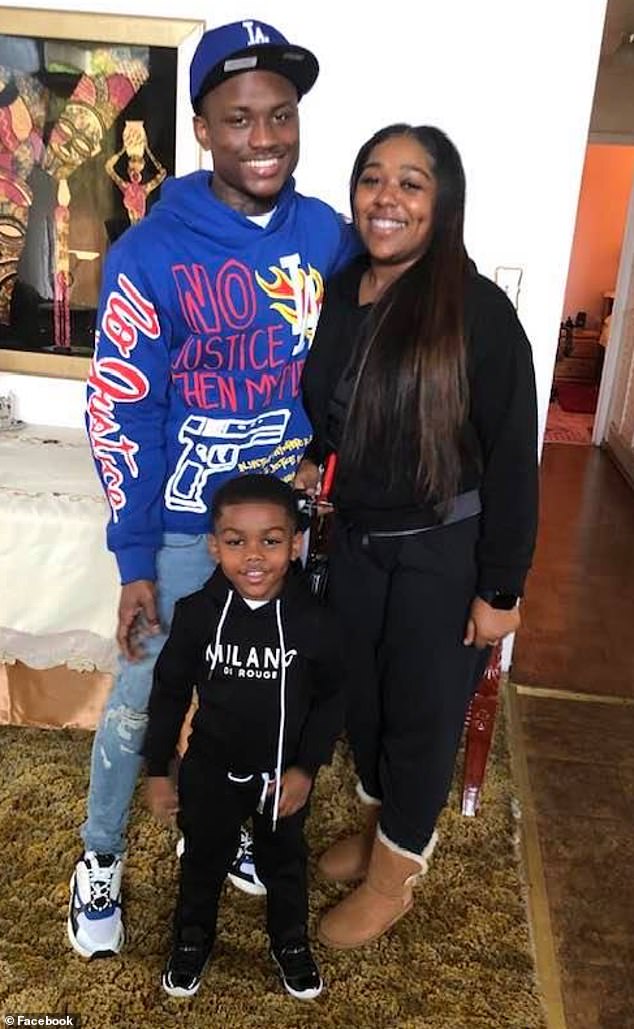 Alonna Gallon, 24 (right) was shot and killed on September 21 by Lamar Walker, also 24 (left).  The couple shared a seven-year-old son named King (center)