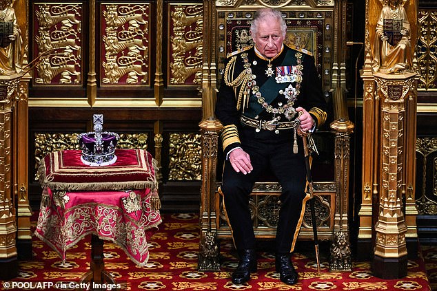 His Majesty will travel from Buckingham Palace to the Houses of Parliament for the King's speech on Tuesday.  Here he is pictured opening Parliament in his mother's place last year
