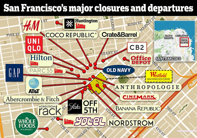 A map shows the major companies that have left or are planning to leave San Francisco in recent months