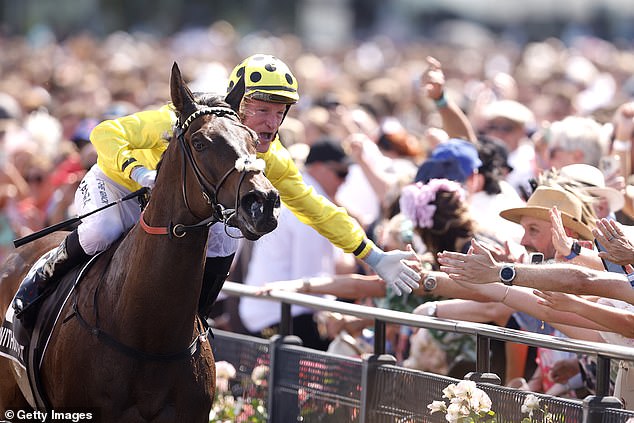 Zahra celebrates with the crowd after making the bold call to ride Without a Fight instead of Gold Trip at the Melbourne Cup