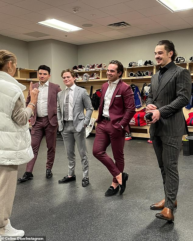 Players: Dion also shared several snaps from the locker room, where she posed with her sons, René-Charles, 22, and twins, Eddy and Nelson, 13, and Canadiens players Arber Xhekaj, Cole Caufield, Alex Newhook and Nick Suzuki