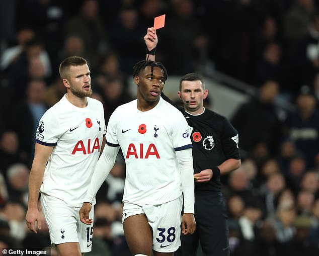 Udogie was shown a second yellow card in the second half after taking down Sterling