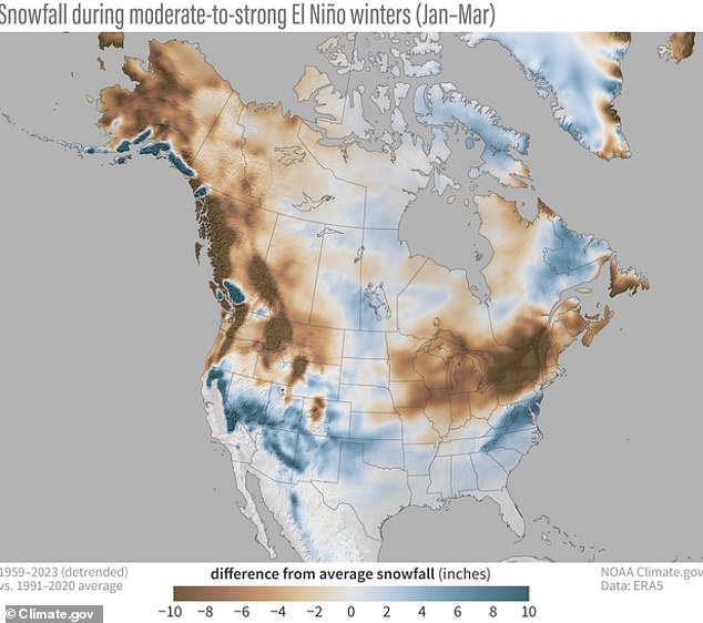 This NOAA map detailed how each area deviated from the average snowfall - with blue indicating more snow and brown indicating less snow.