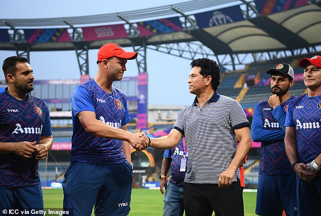 Sachin Tendulkar (right) joined the team for training and spent time greeting the players