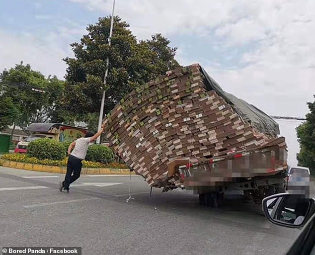 Bored Panda has collected images from around the world that capture the moment before something terrifying happens, and they're guaranteed to leave you in stitches - including this image showing a truck full of gear about to explode. vehicle to fall