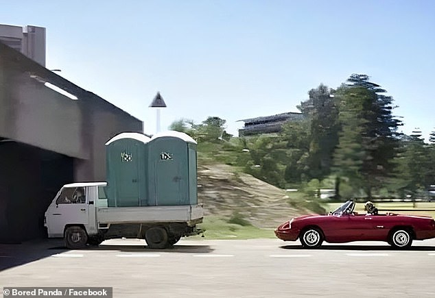 Watch out!  This driver was steps away from the portable toilets he was transporting and crashed into a bridge, and it wouldn't have been a fun experience for the person in the convertible behind either