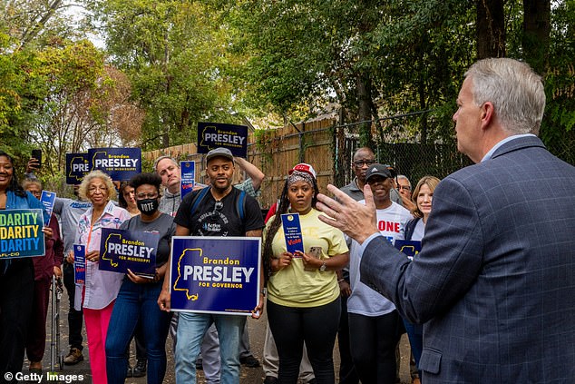 Brandon Presley addresses a group of supporters Monday at an election event in Jackson, Mississippi, ahead of Tuesday's gubernatorial election