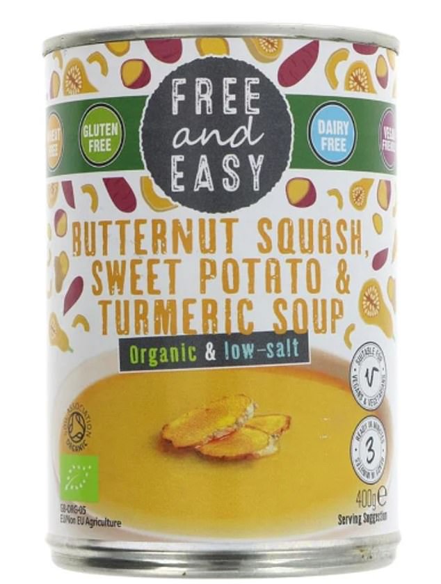 FREE AND EASY BUTTERNUT SQUASH, SWEET POTATO AND TURMERIC SOUP: 'Gluten and dairy free, this soup is also low in salt - just 0.58g in half a can.  There are 14 vegetables, herbs and spices, and the only additive is a sweetener'