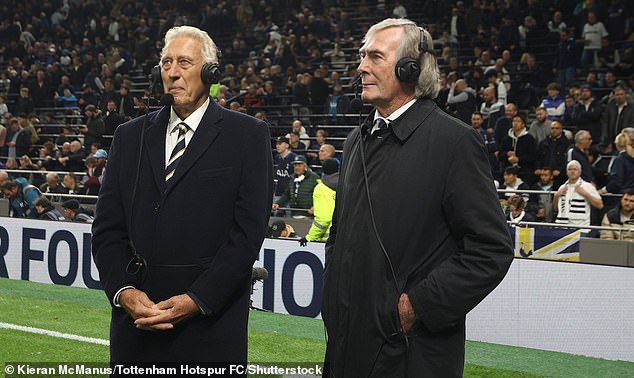 Jennings, 78, fell ill before kickoff on Monday and was taken to a nearby hospital.  He is pictured at the Tottenham Hotspur Stadium in October, alongside Martin Chivers