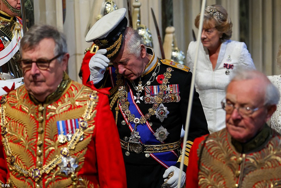 King Charles III arrives for the State Opening of Parliament in the House of Lords at the Palace of Westminster in London