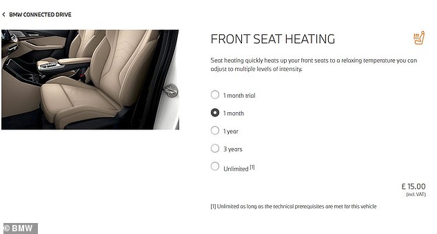 This screenshot from BMW UK's Connected Drive section of its website from last year shows the different purchase and subscription options available for heated front seats