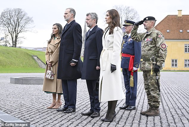 The Crown Princess went for a monochrome look by combining the jacket with all black accessories, including black tights, pointed black heels and a black leather handbag