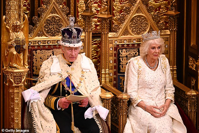 Another sign that Camilla was less nervous than at the coronation was that she did not groom herself or perform any control touching rituals once she was seated next to Charles, 'unlike the nervous hair patting and preening she did at the coronation'