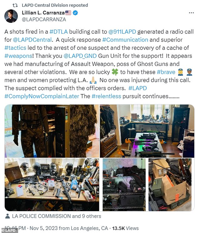 “A shot fired during a #DTLA building call to @911LAPD generated a radio call for @LAPDCentral.  A rapid response #Communication and superior #tactics led to the arrest of one suspect and the recovery of a cache of #weapons!”  Lillian L. Carranza of the LAPD tweeted at X