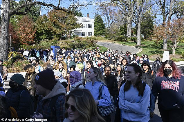 American University students attend a campus protest against the ongoing Israeli attacks on Gaza in Washington DC