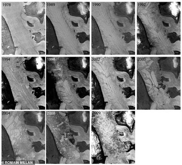 Satellite images show the Ostenfeld Ice Shelf as it completely collapsed between 2003 and 2010