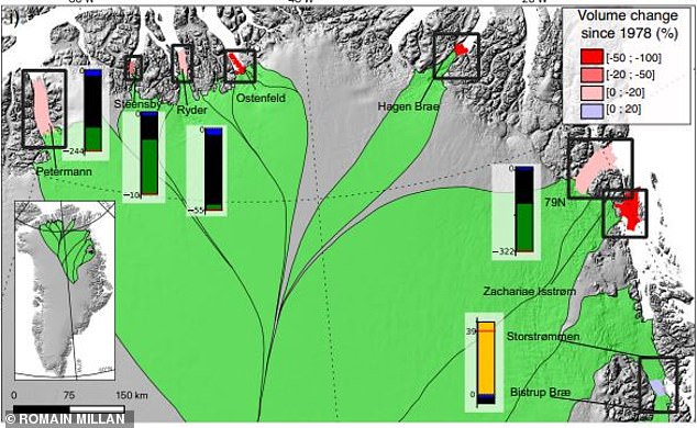Greenland's vast glaciers, shown here in green, meet the sea by passing through a number of fjords where ice shelves act like frozen dams