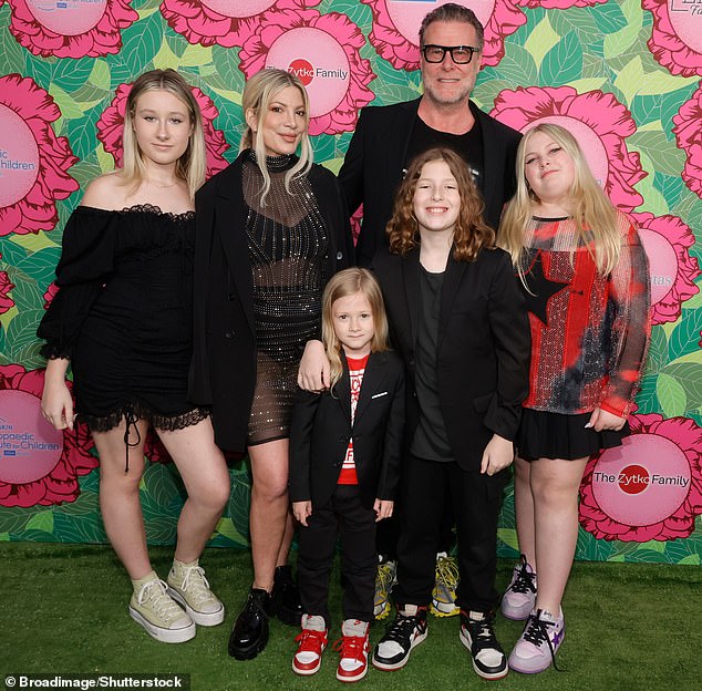 Co-parents: Tori and Dean, who tied the knot in 2016, share five children together: Liam, 16, Stella, 15, Hattie, 11, Finn, 10, and Beau, six;  saw the family in June