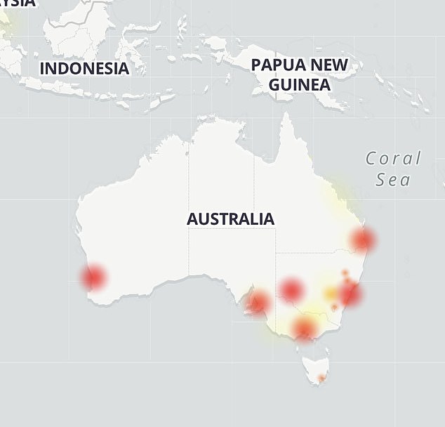 The photo shows the Australian locations where Optus users reported the network outage