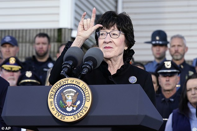 Republican Senator Susan Collins briefly used sign language as she delivered her speech on Friday, as one of the 18 victims was a sign language interpreter