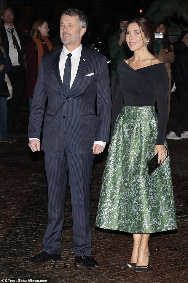 Princess Mary of Denmark, 51, also attended the opening and made a grand entrance in a flowing off-the-shoulder top and jacquard skirt