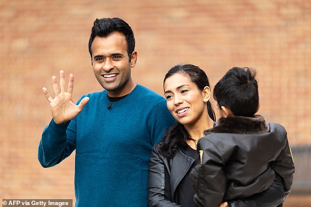 The 38-year-old entrepreneur is seen voting with his wife Apoorva and one of their two sons