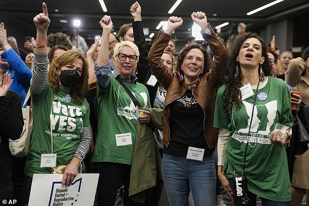 Pro-choice activists celebrate Tuesday night in Columbus, Ohio