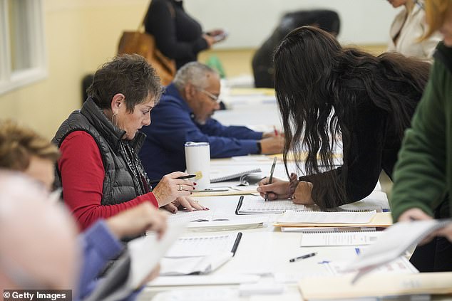 Poll workers are pictured Tuesday in Columbus, Ohio