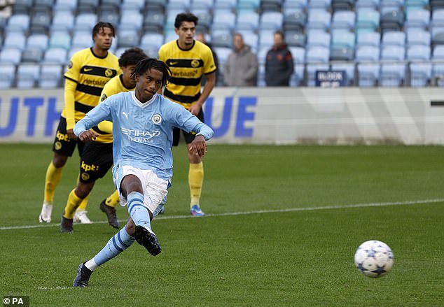 A striker just like his father, Reigan Heskey, 15, had great composure from the penalty spot