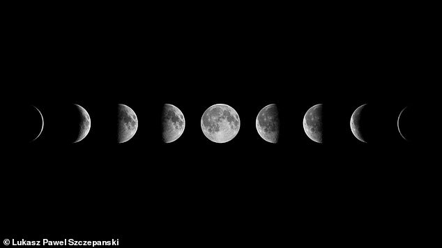 Images show the waxing moon, full moon and waning moon as they appear during the 29.5-day lunar cycle