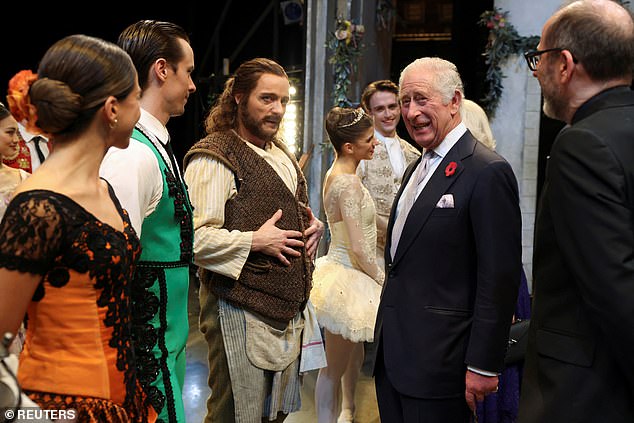 The King chatted with members of the cast of Don Quixote at the Royal Opera House last night