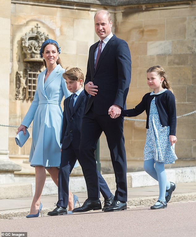 Princess Charlotte and Prince George twinning in light blue with their parents for the traditional Easter Sunday church service at St Georges Chapel in April 2022