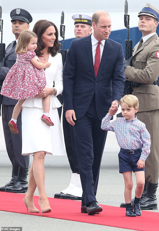 When the family arrived at Warsaw airport on an official visit, the Waleses coordinated with subtle tones of red, blue and white – a patriotic nod to Britain's Union Jack, from William's tie to Princess Charlotte's shoes