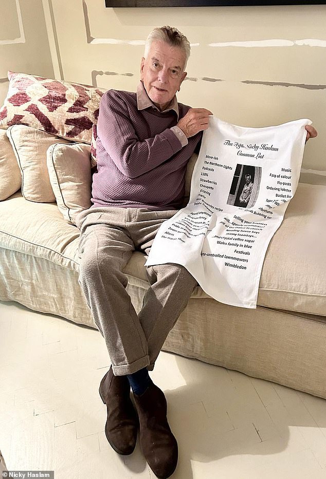 Nicky Haslam, 84, pictured with his £40 printed on a tea towel, which is also on his 'Common List' with the Prince and Princess of Wales