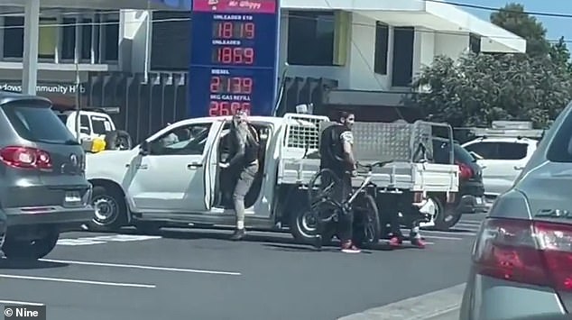 The crazed aggressor continued to shout at the other man in a foreign language as he picked up the bike and took it to his boss while he stole it.