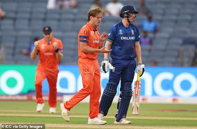 Bas de Leede celebrates the wicket of Harry Brook, who could only make 11