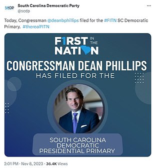 On Wednesday, Rep.  Dean Phillips continues his presidential campaign by running for office in the South Carolina primary