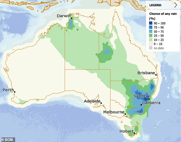 Rain will fall over central and eastern New South Wales - including Sydney, eastern Victoria and parts of Tasmania (photo, rain forecast for Thursday afternoon)