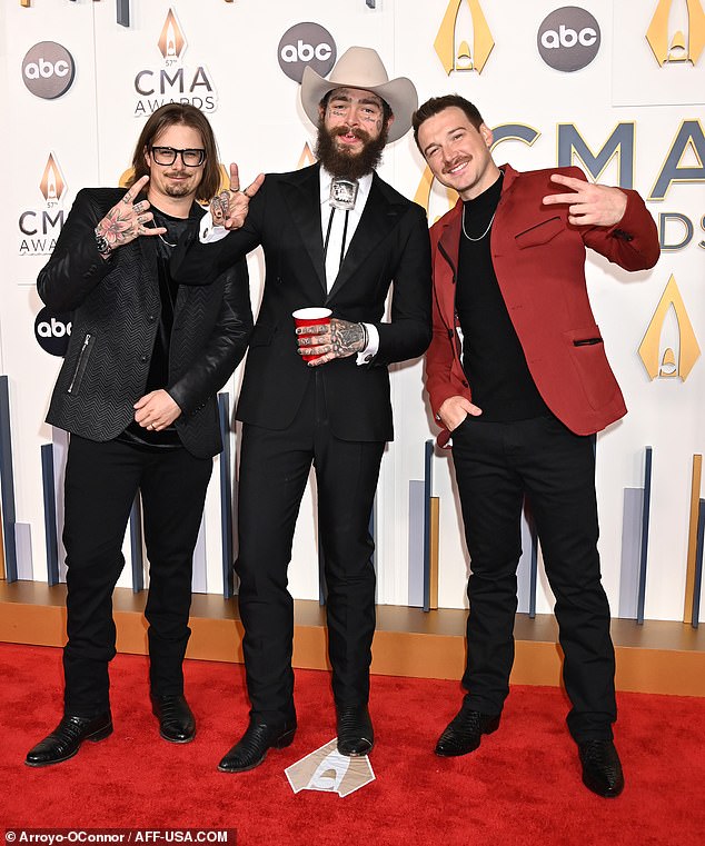 Trio: At the 57th CMA Awards - hosted by Luke Bryan and Peyton Manning - Hardy took the stage to perform alongside Post Malone and also Morgan Wallen