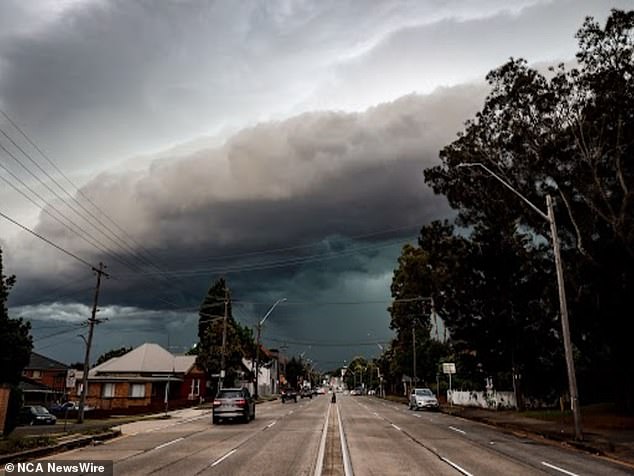 A huge storm plank is pictured heading out to sea over the Princes Highway in Sydney's Kogarah