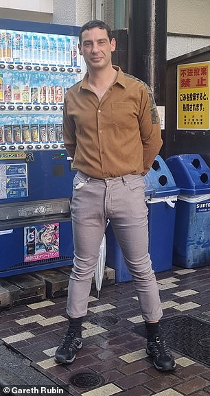 Wrong pants?  Gareth wearing his rented clothes in Tokyo