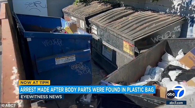 The bag was found in a duffel bag and thrown into a dumpster (photo) behind Ventura Boulevard and Rubio Avenue, near a family restaurant, hair salon and two banks.